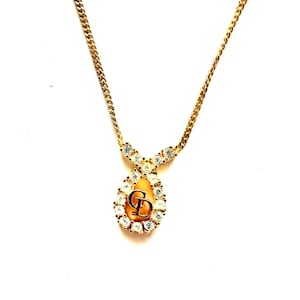 Vintage Christian Dior CD Necklace Rhinestone Gold Chain Choker