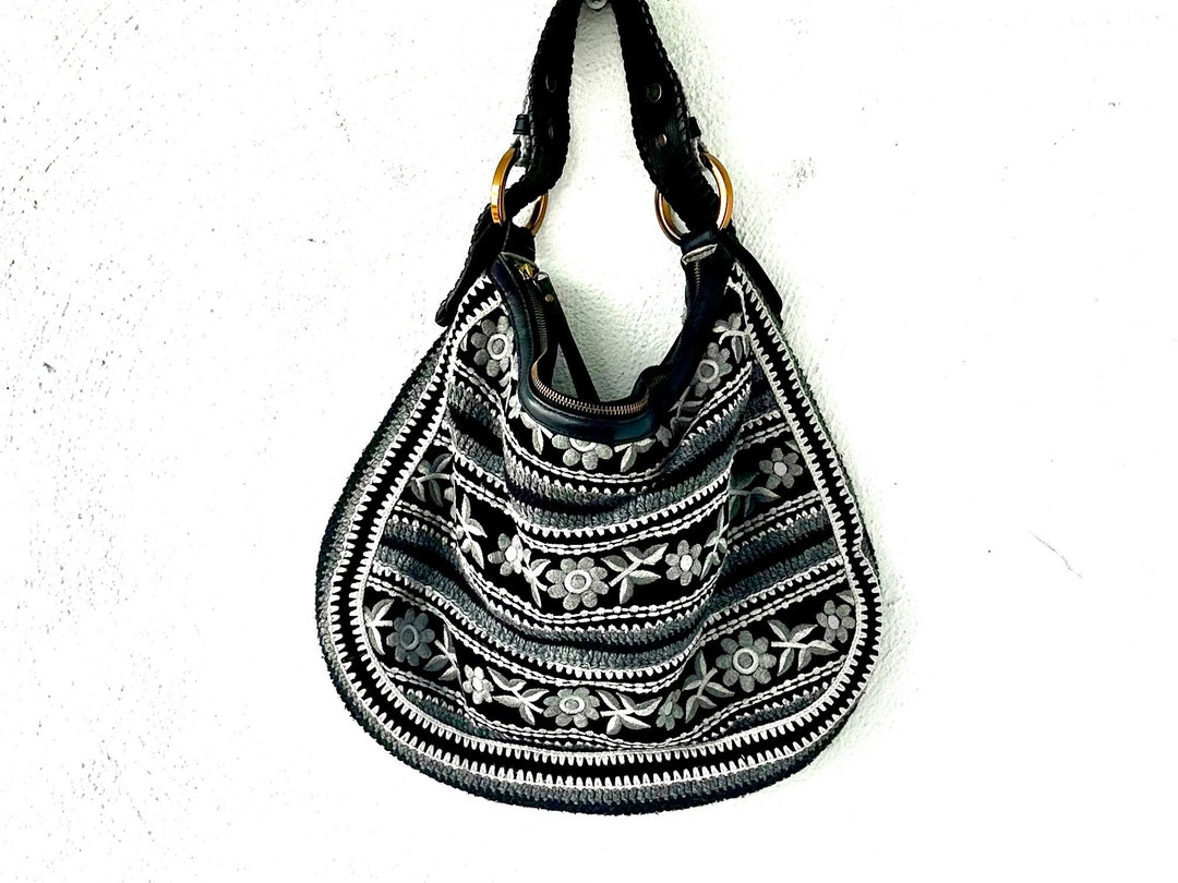 Vintage 90s Y2k Embroidered Suede Shoulder Bag Boho Leather Floral