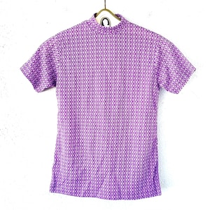 Vintage 70s Graphic Purple Turtleneck Top 1970s  High Neck Short Sleeve Shirt Lightweight