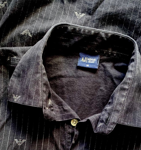 Vintage 90s Armani Logo Pin Striped Black Mens Sh… - image 4