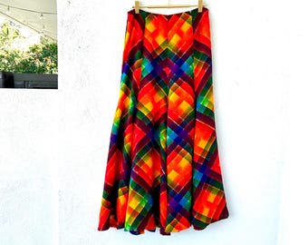 Vintage 70s Rainbow Bright Skirt 1970s Plaid High Waisted Skirt