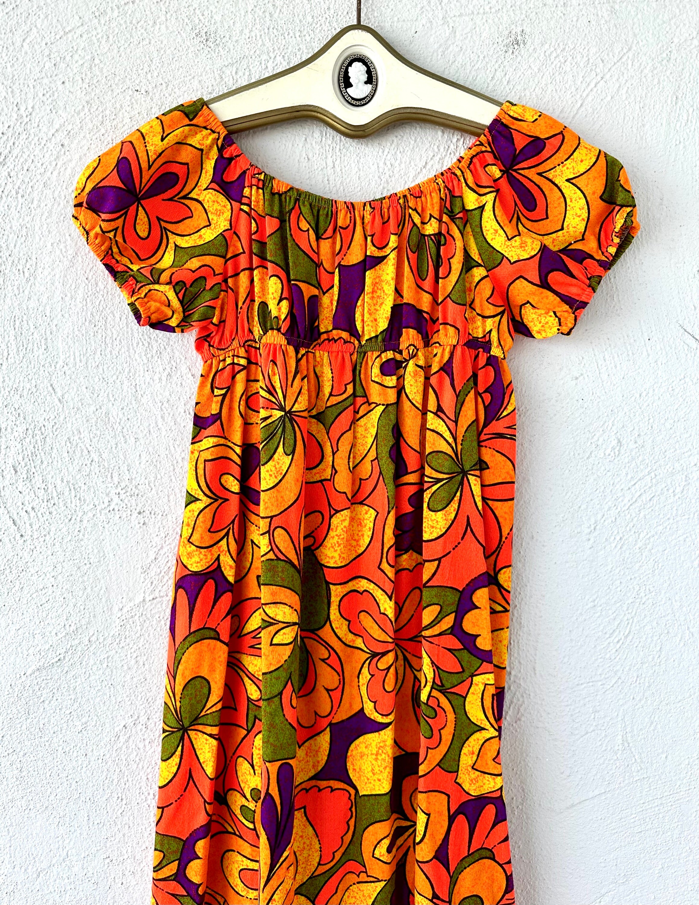 Vintage 60s 70s Psychedelic Hawaiian Dress Bright Floral Neon Pink ...
