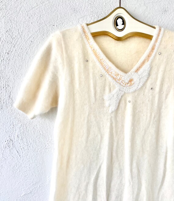 Vintage Angora Knit Dress 80s Beaded White Fuzzy … - image 3