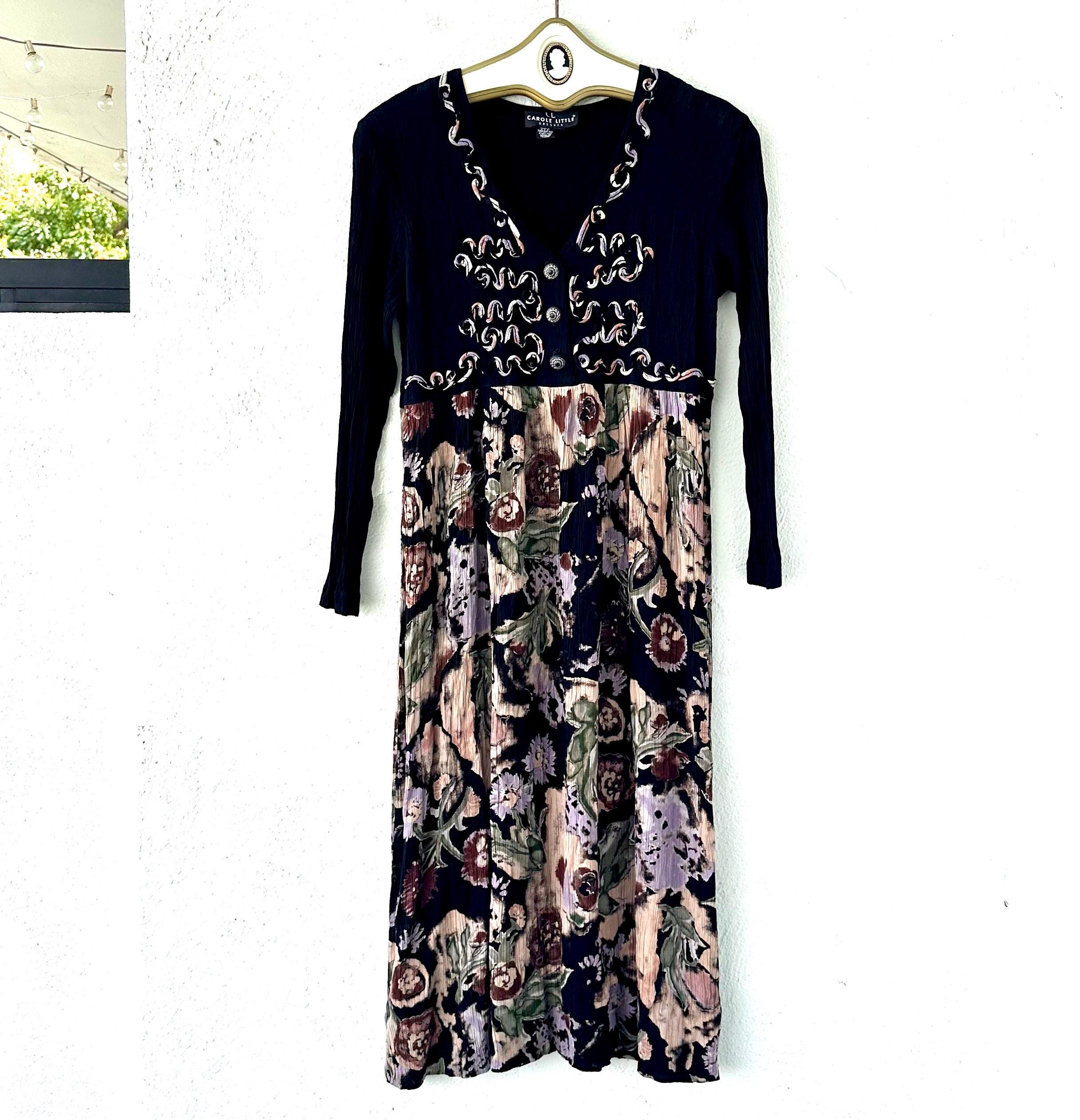 Vintage 90s Boho Embroidered Hippie Dress 1990s Dark Floral Gauze