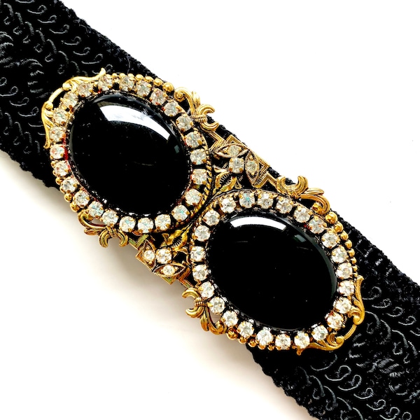 Vintage Gutos Baroque Versace Style Gold Rhinestone Black Stone Belt Buckle // Woven Belt