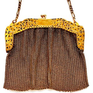 Pu&ograve; includere: Una borsa a rete di catena dorata con una chiusura decorativa in metallo dorato ornata. La chiusura ha un motivo floreale.