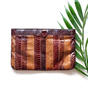 Vintage 70s Patchwork Snakeskin Shoulder Bag Clutch // Boho Glam Brown Striped Gold Chain Purse