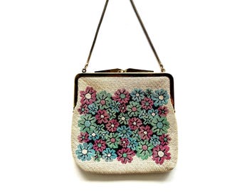 Vintage 1950s 1960s Sparkly Floral Tapestry Bag Embroidered Flower Power 50s 60s Metallic Gold Handbag