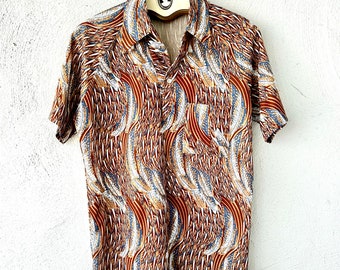 Vintage 70s Mens Hawaiian Disco Shirt // 1970s Feather 1970s Hawaii Polo Top