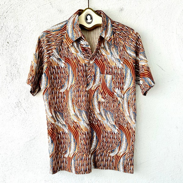 Vintage 70s Mens Hawaiian Disco Shirt // 1970s Feather 1970s Hawaii Polo Top