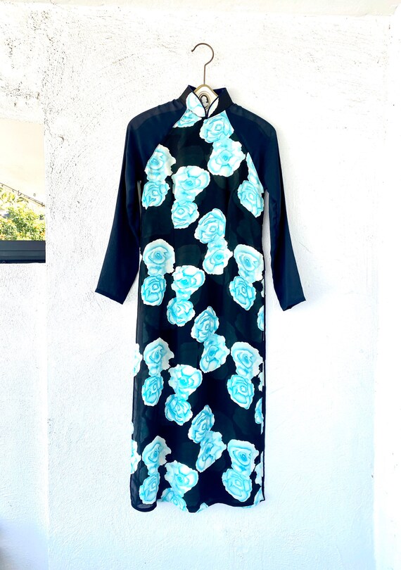 Vintage Ao Dai Vietnamese Cheongsam Floral Sheer D