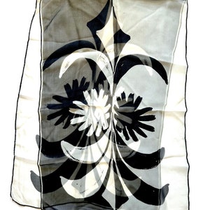 Vintage 60s 70s Vera Neumann Silk Scarf Mod Floral Black White Sheer Hair Accessories