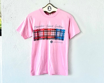 Vintage surf hawaiianskjorta 70-80-tal korall linne Hawaii konst screentryck t-shirt