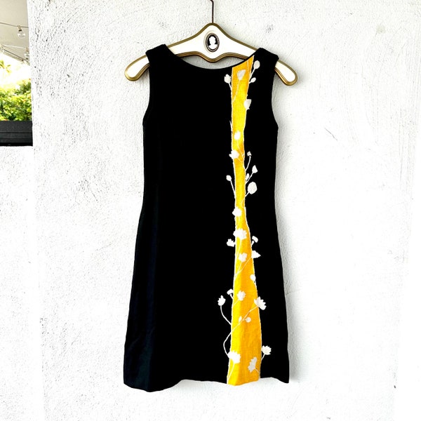 Vintage 60s Linen Black Yellow Dress 1960s Mod Bold Stripe Floral Scooter Dress