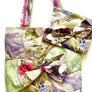 Vintage Japanese Floral Crane Bow Tote Bag Matching Pouch Kimono Handbag Purse Asian Shoulder Purse
