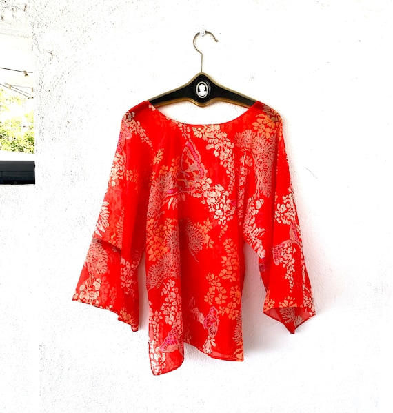 Vintage 70s Boho Butterfly Oversized Red Shirt Se… - image 1