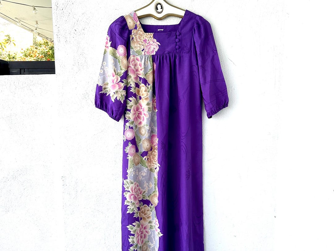 Vintage 70s Hawaiian Dress 1970s Asian Japanese Floral Hawaii Purple ...