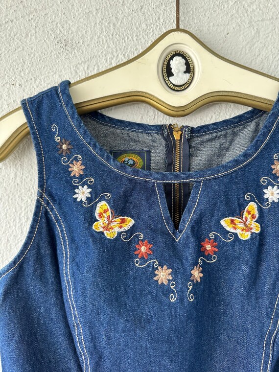 Vintage Embroidered Butterfly 90s Denim Dress Jea… - image 7