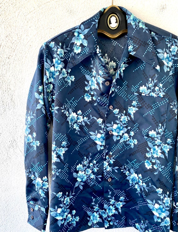 Vintage 70s Dagger Collar Disco Shirt Blue Butter… - image 3