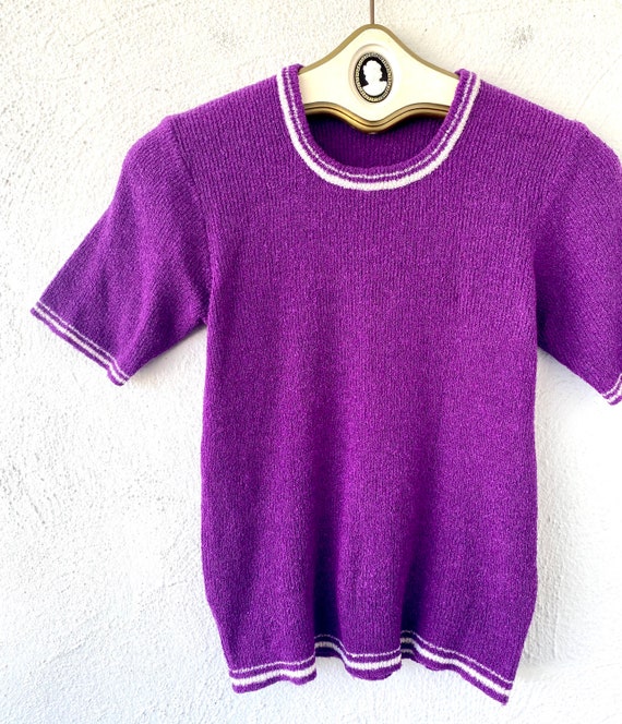 Vintage 60s 70s Sweater Knit Top Tight Purple Shi… - image 2