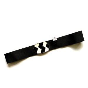 Vintage 80s Checkered Wide Belt Black White Big Buckle Elastic 1980s Glam Accessories