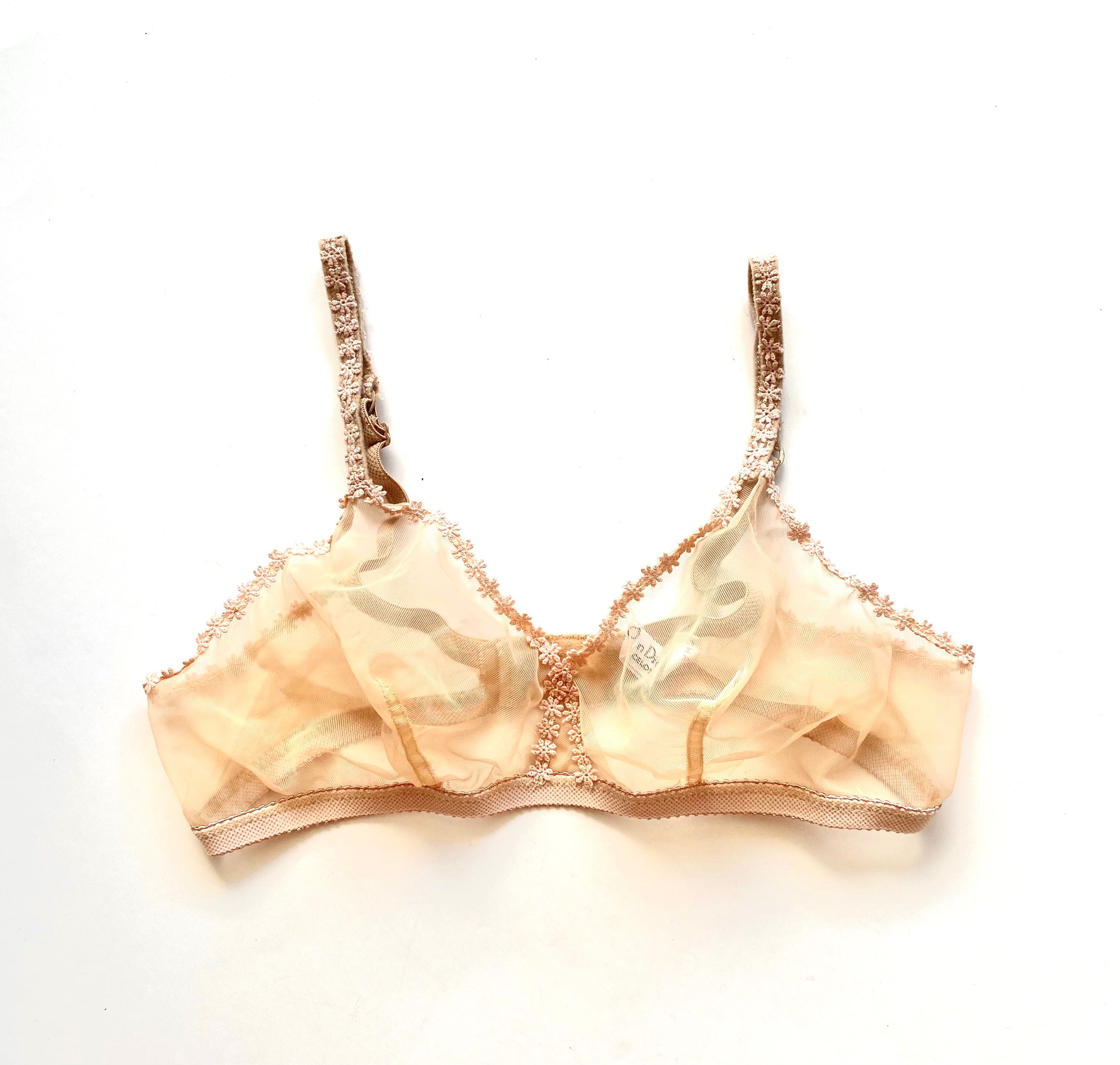 Vintage 60s Christian Dior Nude Mesh Bra Embroidered Floral