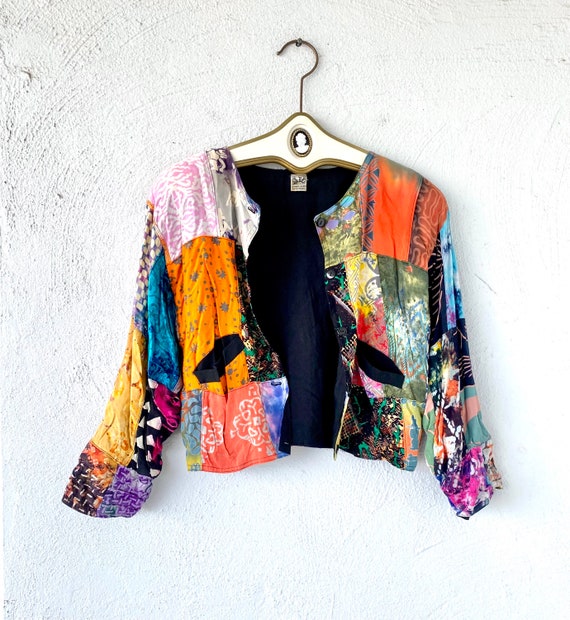Vintage 90s Patchwork Cropped Jacket 1990s Boho C… - image 1