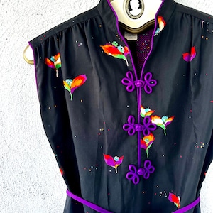 Vintage 70s Asian Collar Black Floral Dress 1970s Frog Closure Caftan Shirtdress