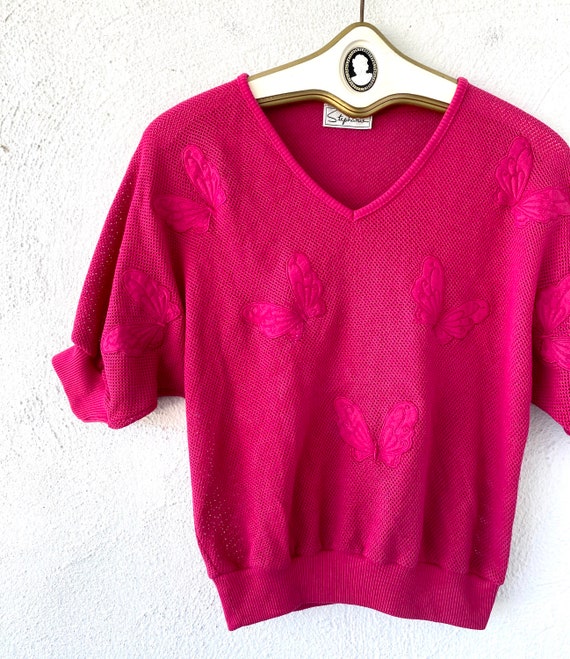 Vintage 80s Butterfly Fishnet Batwing Top Magenta… - image 2