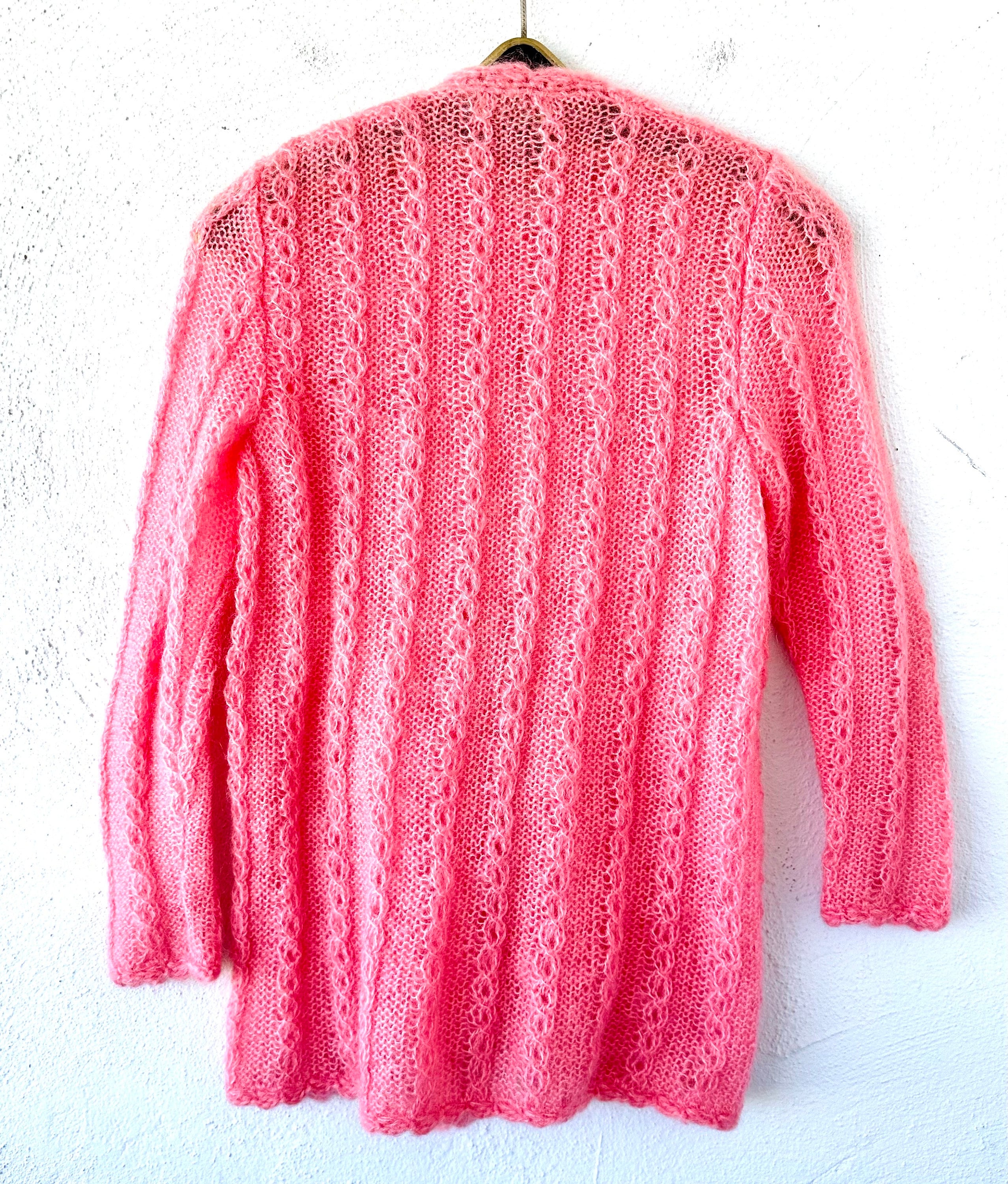 Vintage 60s 70s Mohair Cardigan Pink Fuzzy Sweater 1960s 1970s 