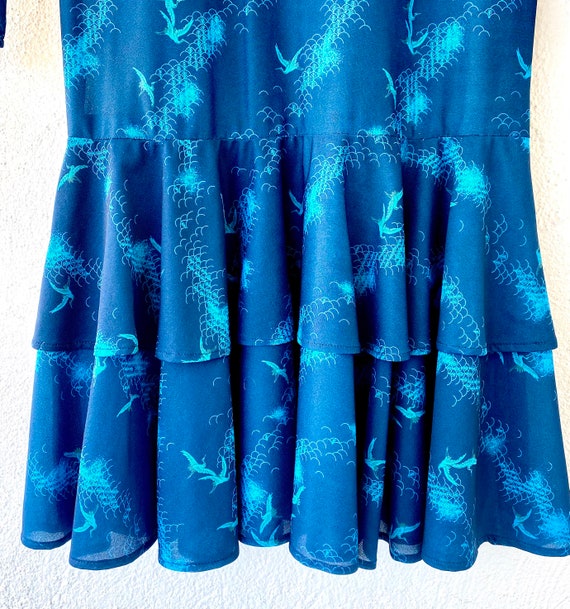 Vintage 80s Japanese Crane Drop Waist Ruffle Blue… - image 5