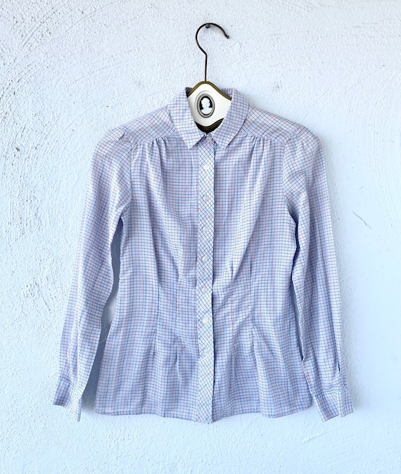 Vintage 70s 80s Plaid Gold Metallic Preppy Shirts Collared Tops