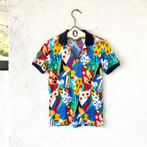 Vintage 80s Loud Graphic Print Collared Shirt Nautical Polo Golf Top