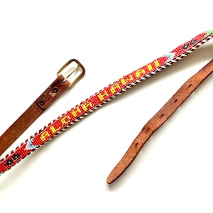 Vintage Southwestern Beaded Leather Belt Red Thunderbird Arrow Boho Western Slim Southwestern Beaded Leather Belt 36 Western Thunderbird  main image 3