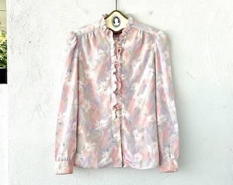 Vintage Victorian Floral Pink Blouse Shirt High Ruffle Collar Top