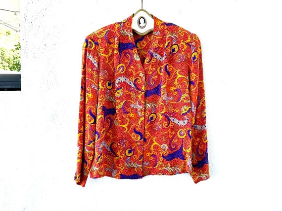 Vintage 90s Silk Shirt 1990s Bright Paisley Red Yellow Top