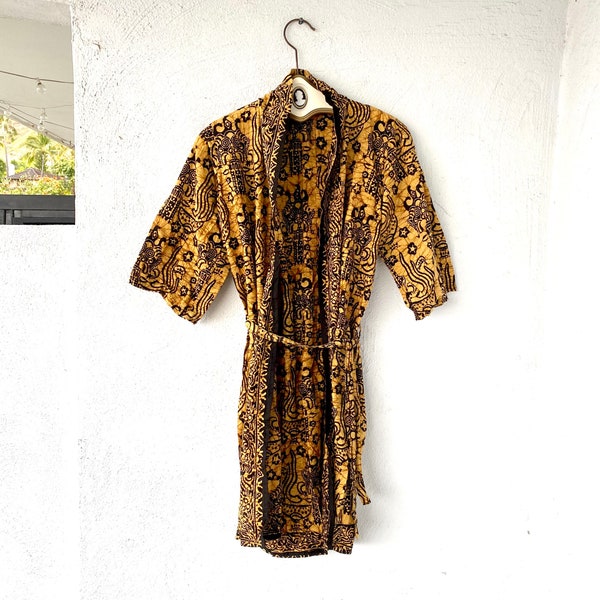 Vintage Batik Boho Artsy Tie Dyed Black Gold Lightweight Short Robe