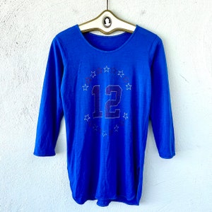 Vintage 70s Stars Sports Jersey Tshirt 1970s Raglan Tunic Long Sleeve Top Blue #12 Shirt