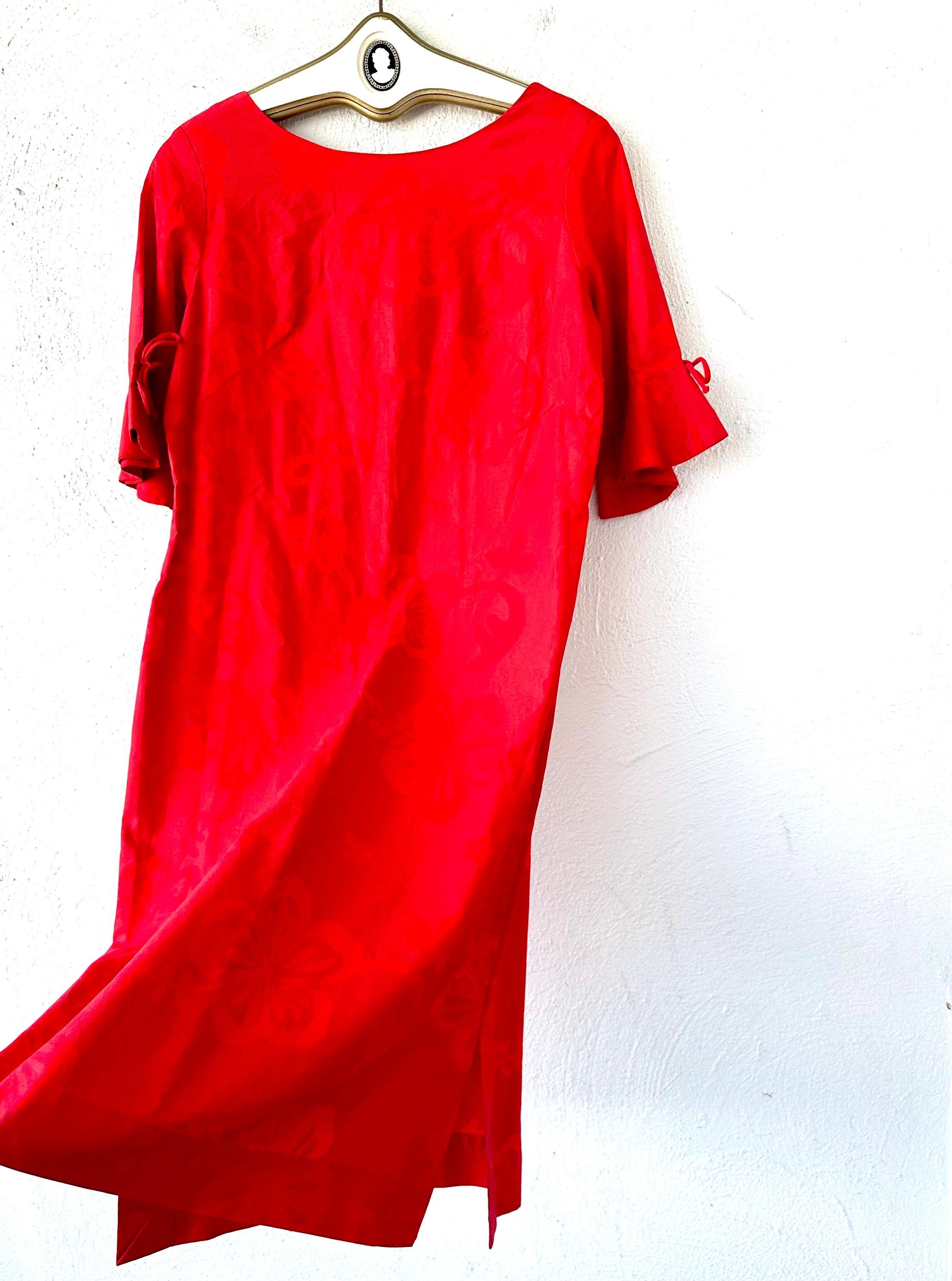 Vintage 50s 60s Hawaiian Dress Bell Sleeve 1950s 1960s Red Floral ...