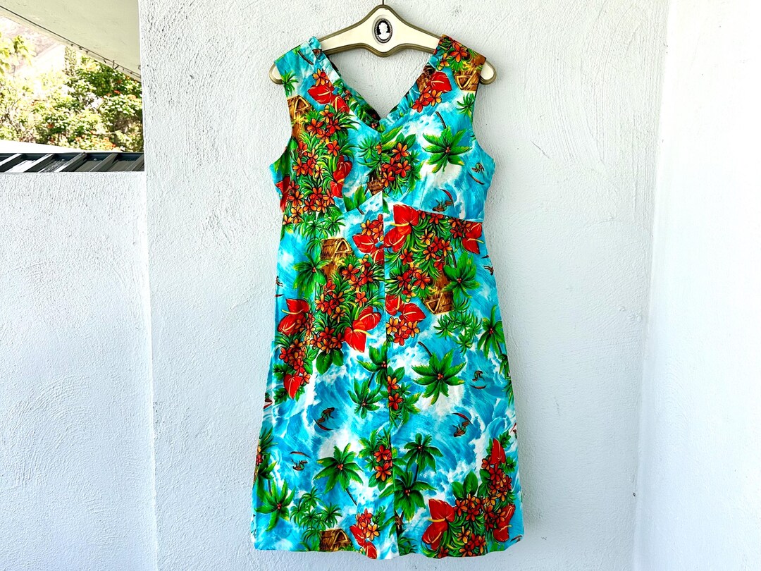 Vintage 60s 70s Hawaiian Surfer Dress Tropical Tiki Hawaii Muumuu Beach ...