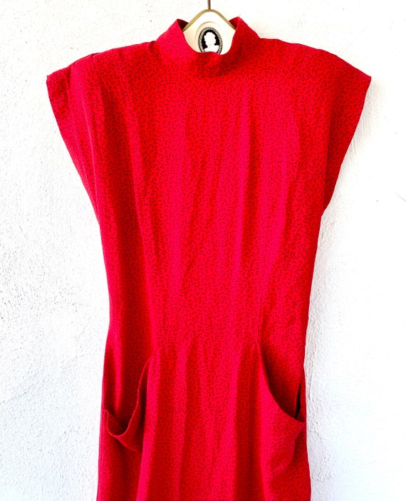Vintage 80s Strong Shoulder High Neck Red Dress w… - image 3