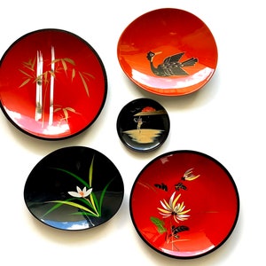 Vintage Japanese Laquer Hand Painted Dishes 50s Mid Century Asian Bright Trinket Coaster Bowl Trays