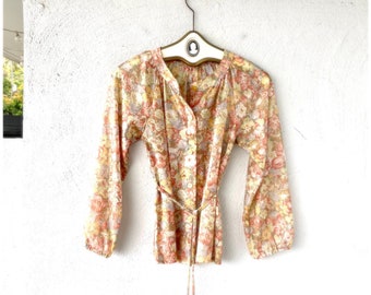 Top contadino floreale vintage anni '70 Boho Folk Sheer Shirt