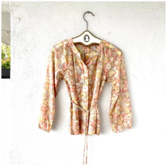 Vintage 70s Boho Folk Sheer Shirt Floral Peasant … - image 1