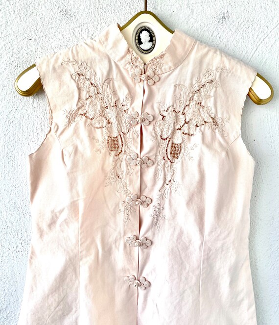Vintage Asian Lace Cutout Pink Shirt Chinese Flor… - image 4