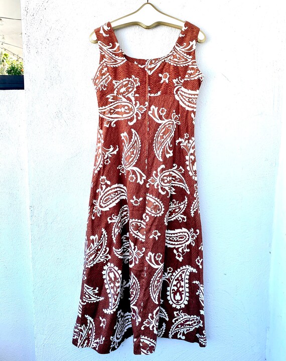 Vintage 60s Hawaiian Paisley Dress Brown Bow Empi… - image 6