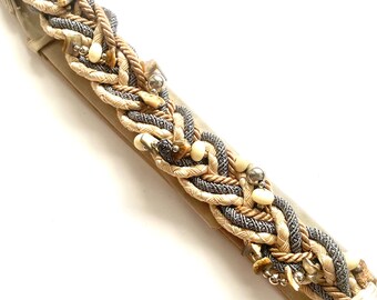 Vintage Grecian ivory braided rope belt w/ gold medallion & beaded accents Vintage Braided Rope Beaded Medallion Sash Belt MEDIUM Gold  main image 4