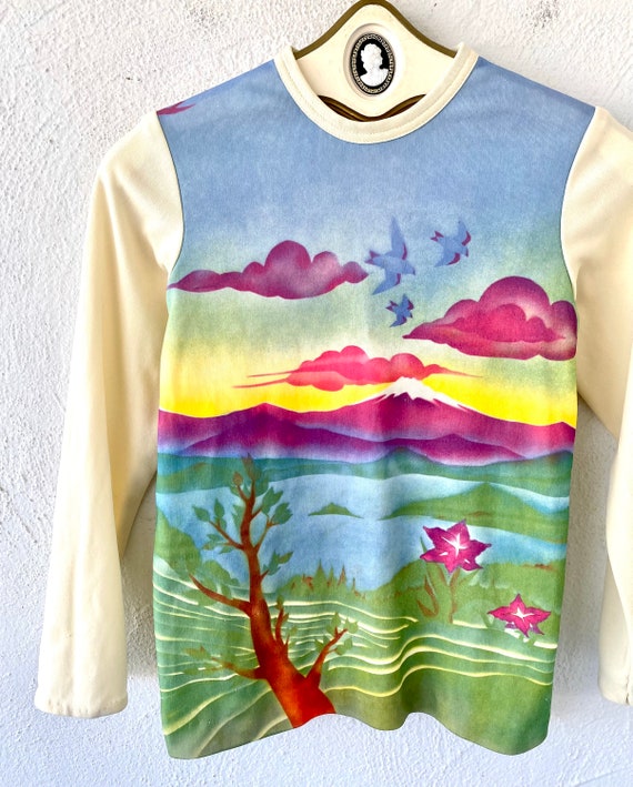 Vintage 70s Airbrush Rainbow Shirt 1970s Mountain… - image 3