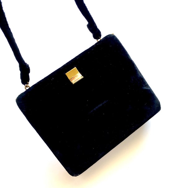 Vintage 50s 60s Black Velvet Structured Bag Box T… - image 1