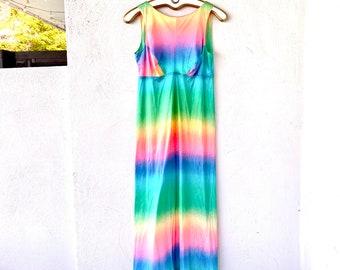 Vintage 60s 70s Rainbow Dress Bright Ombré Striped Colorful Maxi Dress